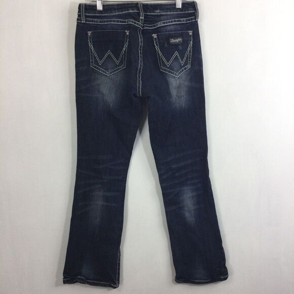 Wrangler Premium Patch Bootcut Mid Rise Western Dark Wash Denim Jeans Blue - Picture 6 of 15